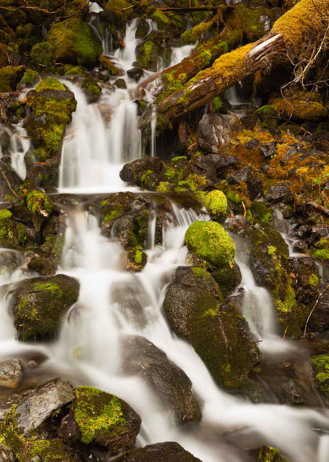 Cascade of water over boulders and moss from snow melt in spring from the Chugach Mountains bordering Eyak Lake in Cordova in Southcentral Alaska. Morning.