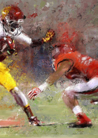 Football painting of an on-field duel between receiver and defender | Sports Artist Mark Trubisky | Custom Sports Art