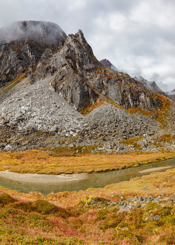 Composite panorama of Archangel Valley at Hatcher Pass in Southcentral Alaska. Autumn. Morning.