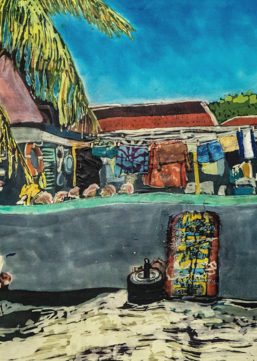 "Wash Day! Isles des Saintes"  by artist Muffy Clark Gill is a batik painting on silk measuring 30 x 40 in