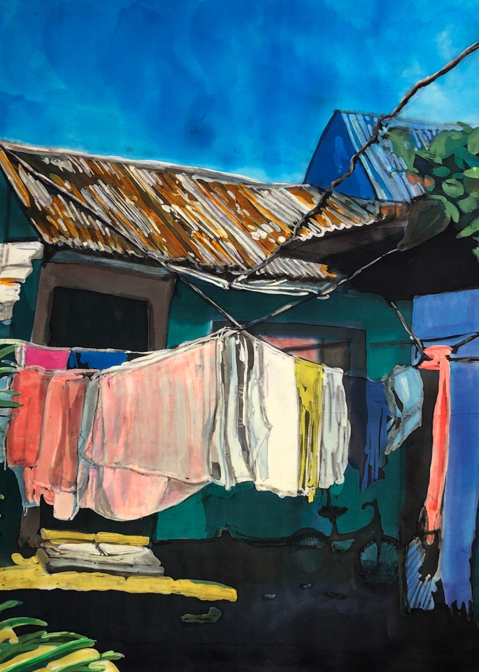 "Wash Day: Tortuguerro"  by artist Muffy Clark Gill_" is a rozome (batik) painting on silk measuring 18 x 24 in.