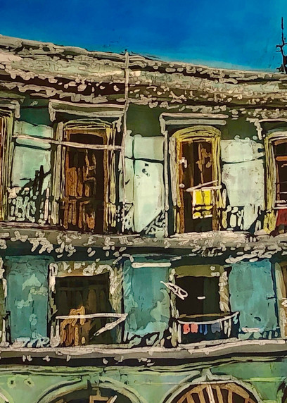 "Wash Day: Havana Balconies"- by artist Muffy Clark Gill is a rozome (batik) painting on silk_ measuring 24 x 36 in.