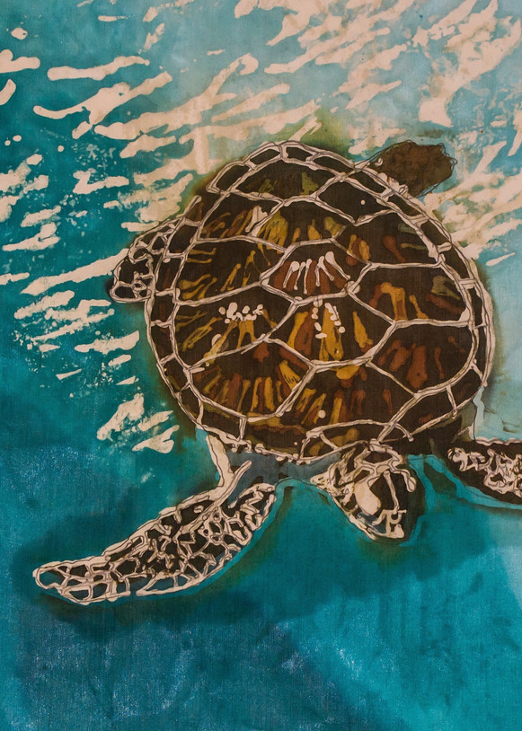 Tortuga V a wax and dye resist painting on silk featuring a Hawksbill turtle.