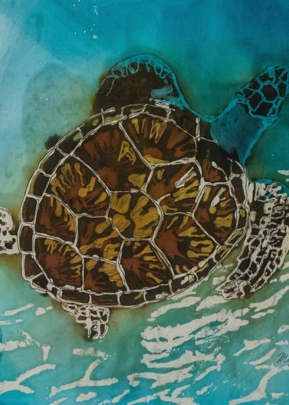 Tortuga VI by artist Muffy Clark Gill is a batik painting on silk of a Hawksbill turtle