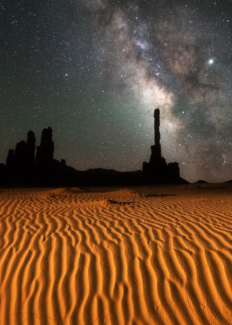 Monument Valley's Totem Pole at night. Wind-rippled sand, milky way, dark sky, Navajo sacred site by Mike Taylor of Taylor Photography.