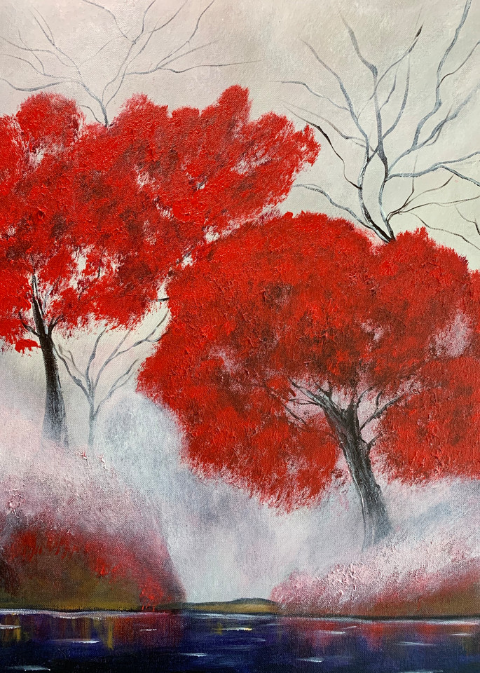 Red Trees In The Fog Art | Marie Art Gallery