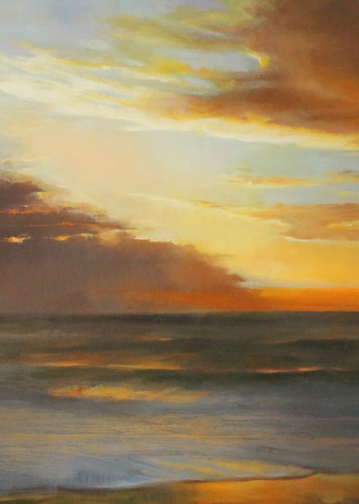 Oil painting of gold and silver beach sunset