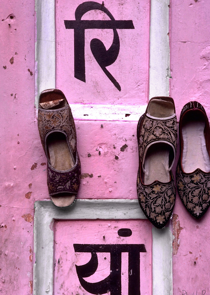 India, Rajahstan, Jaipur, Rajahstani Shoes on the floor of a balcony