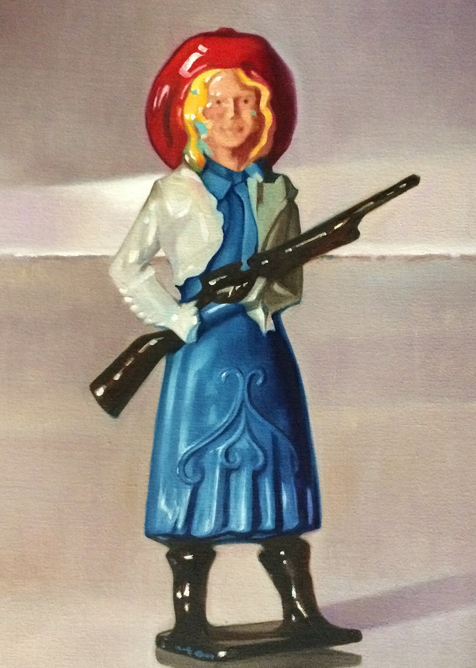 Oil painting of tiny lead figure cowgirl.