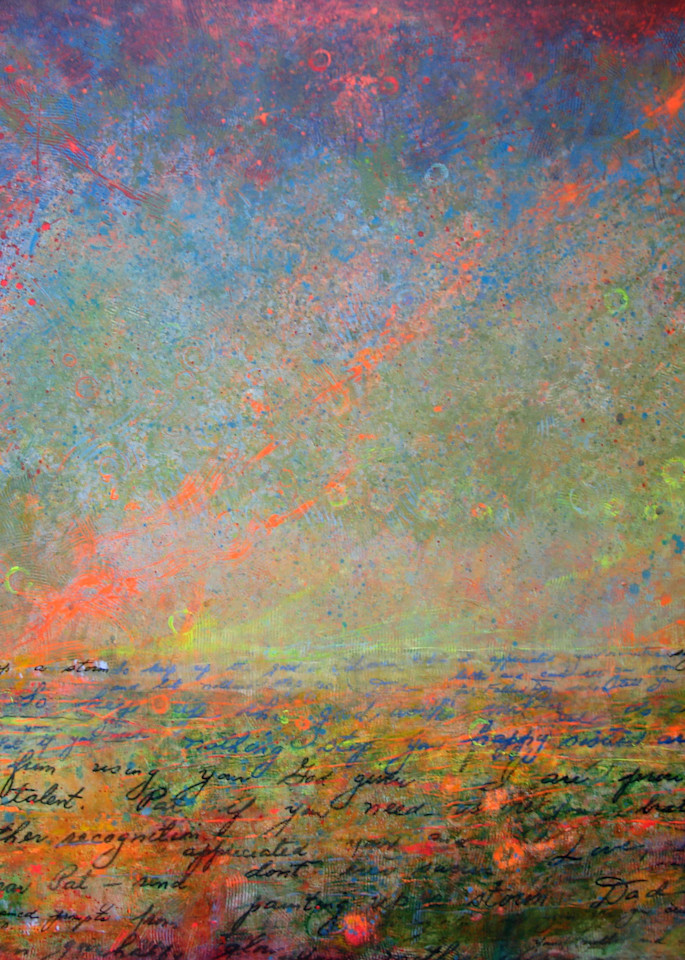Brightly colored abstracted sky and landscape painting by Patricia Beggins Magers using her father's handwriting. 