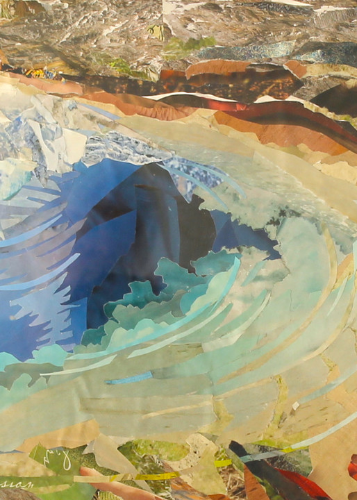 Gorgeous fine art cut paper Yellowstone geyser pool landscape.