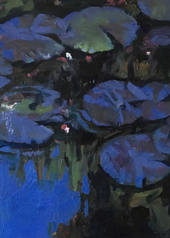 Blue and violet and dark green oil painting of water lilies on a pond.