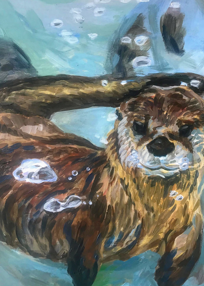 River otter art print, underwater bubbles wildlife art from acrylic painting
