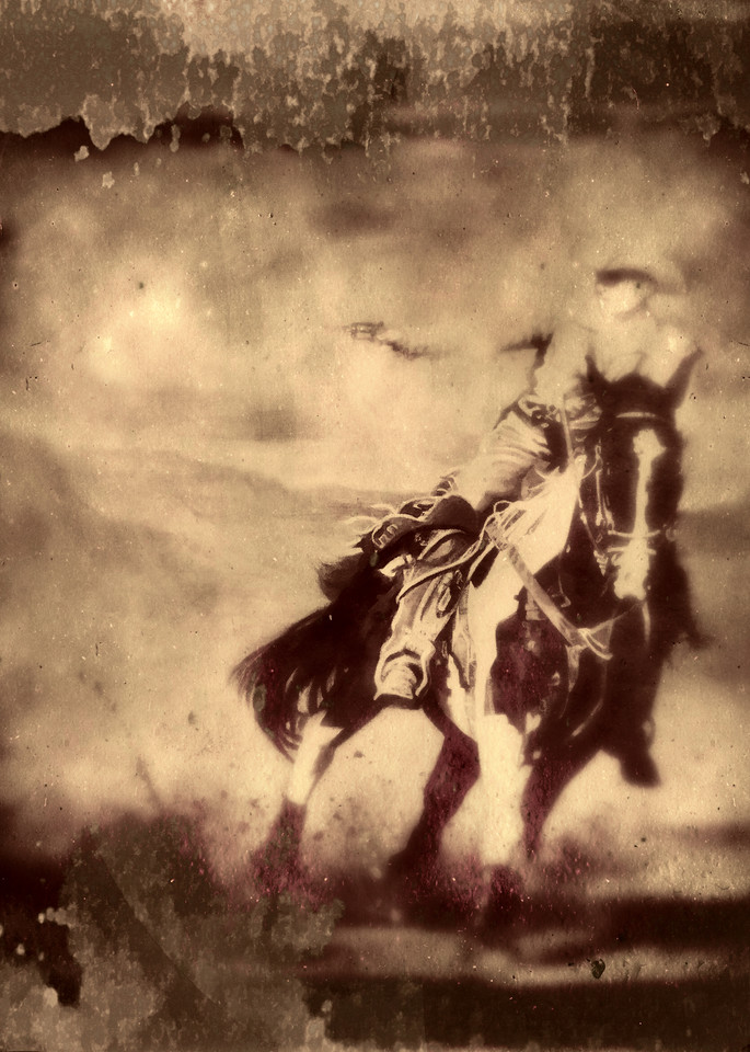 TheTintype Shooter, a vintage-look dramatic and nostalgic old west action painting of a cowboy on his horse shooting his pistol in a puff of smoke.