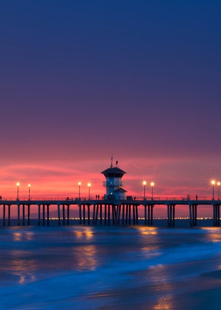 photo of the huntington beach pier at sunset without any people on the beach