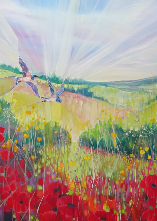 prints on canvas or paper of a South Downs landscape with poppies and swallows