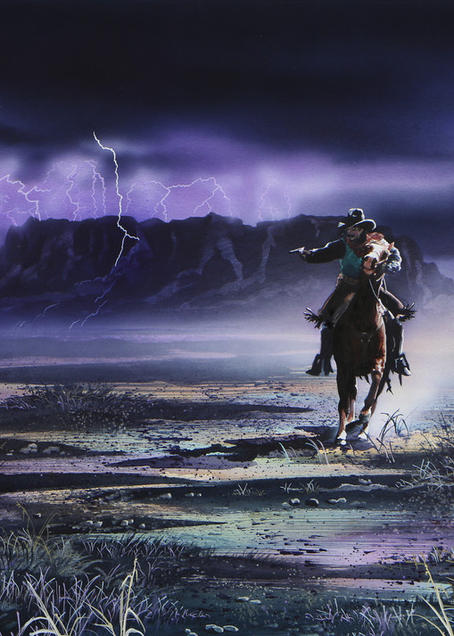 Shootin' the Wild a wild west cowboy art print by Montana artist Joe Ziolkowski. Depicting Square Butte and the stomping grounds of Charlie Russell.