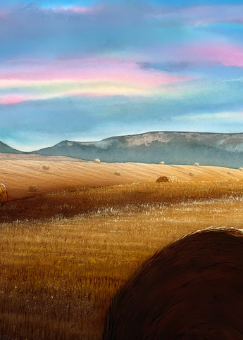 Rollin' Snowys is a watercolor of Central Montana's hay bales and big sky by artist Joe Ziolkowski.