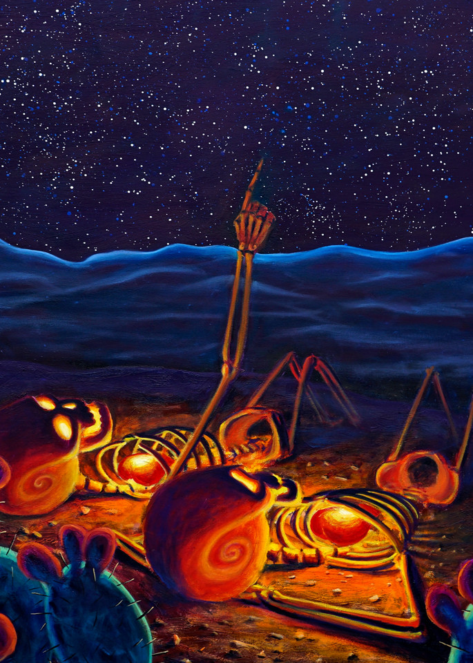 Stargazers painted by Daniel Gonzalez shows two Skeletons with big glowing hearts observing the cosmos. 