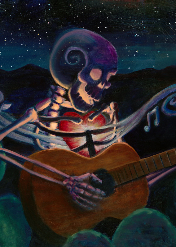 Daniel Gonzalez painted this skeleton with a big heart playing the guitar in the desert night among the stars. 