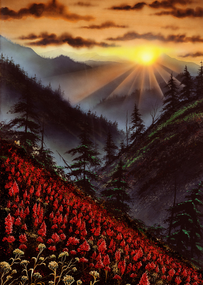 "Heavens Edge" a fine art print of Montanas Big Sky sunset, and Indian paintbrushes by artist Joe Ziolkowski.