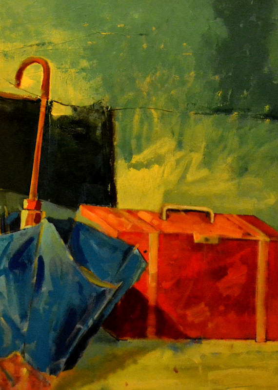 Red Suitcase And Blue Umbrella Art | Merita Jaha Fine Art