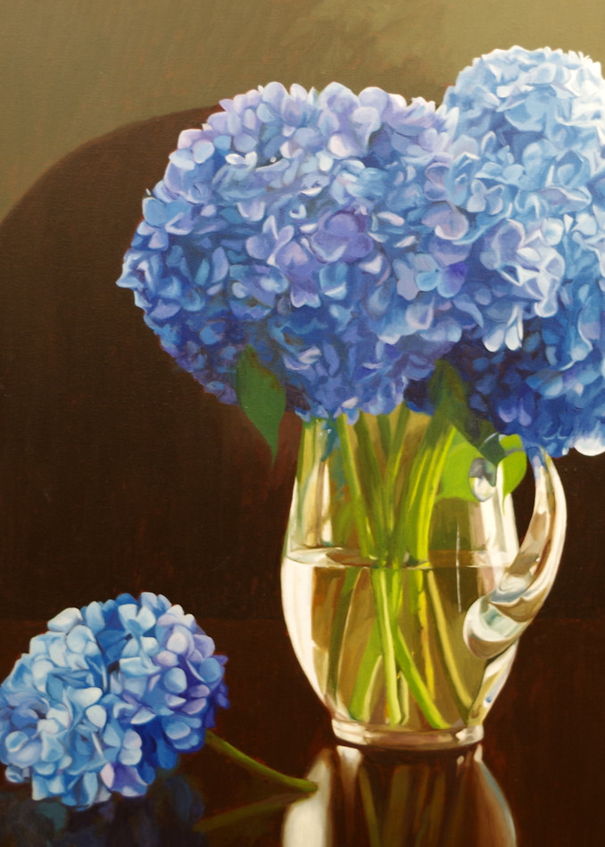 Blue Hydrangeas In A Glass Pitcher Art | Helen Vaughn Fine Art