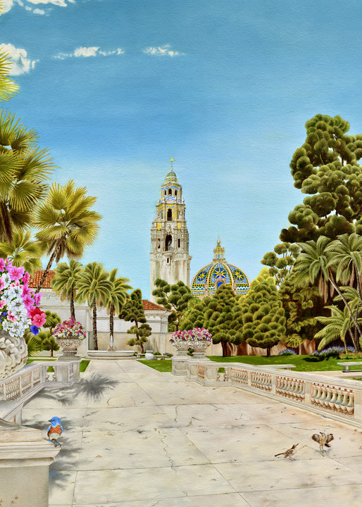 Balboa Park ~ Centennial Tribute   Bridge Over The Lily Pond, The Botanical Building And The California Tower And Dome   Prints  Art | Mercedes Fine Art