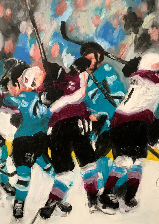 Getting Chippy (Sharks/Avs) Hockey Painting for Sale - Prints on Paper, Metal and Canvas - Micheal Serafino - Wet Paint NYC Gallery