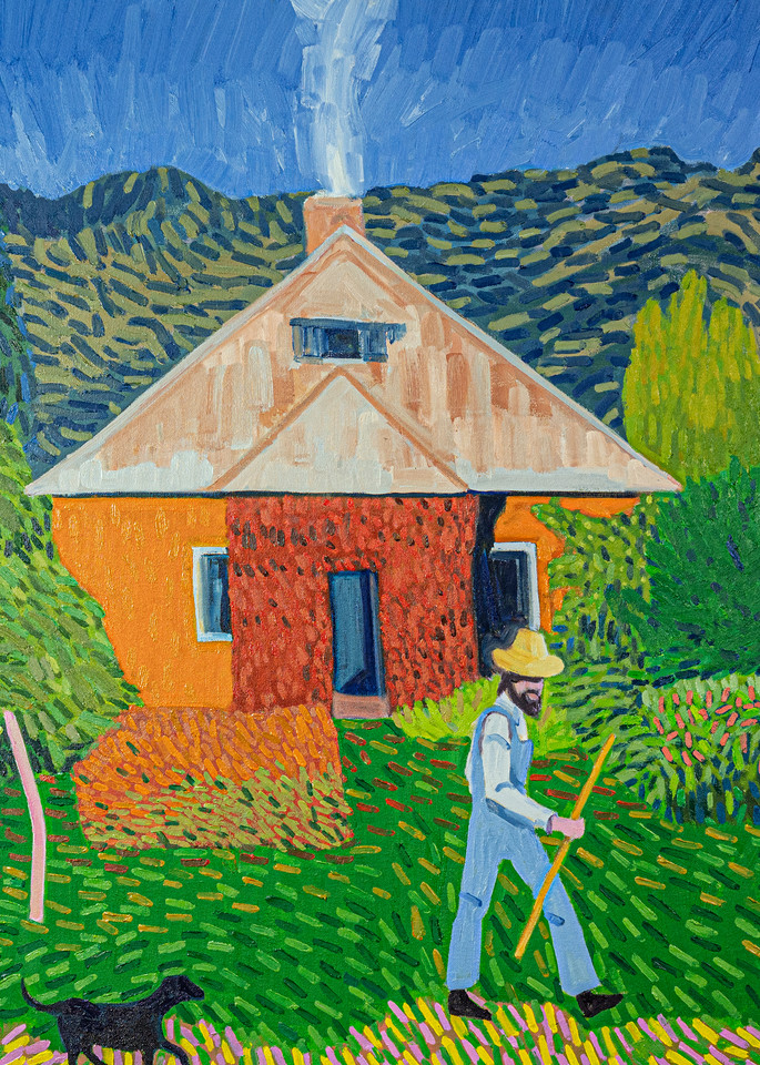 Adobe House With Two People Walking Art | Studio Z of Taos