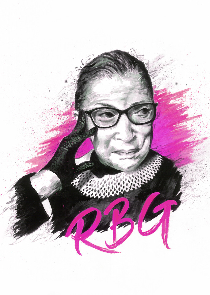 Ruth Bader Ginsburg black and pink gouache painting