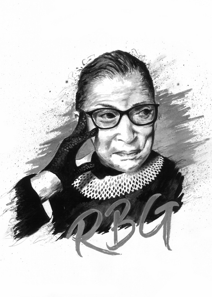 Ruth Bader Ginsburg grayscale gouache painting