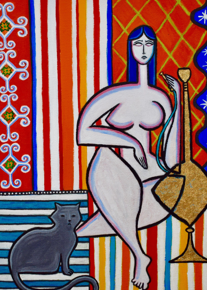 Odalisque with Hookah and Cat Painting by Artist Paul Zepeda Available as a Fine Art Print on Canvas, Paper, Metal and More. Wet Paint NYC Art Gallery