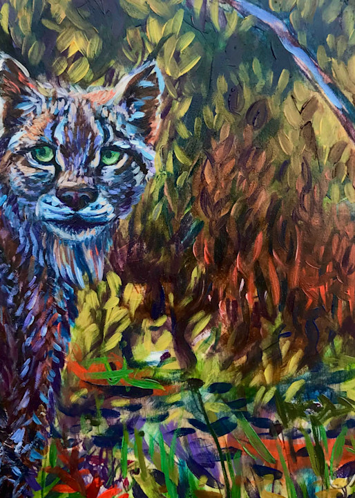 Lynx in fall forest of Denali by Amanda Faith Thompson wildlife art