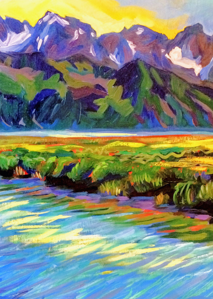 Colorful mountain art by seaside in Alaska by Alaska painter Amanda Faith