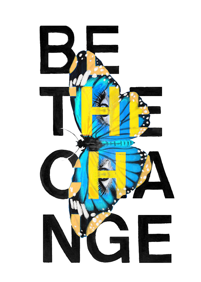 Be the Change statement art print in blue and yellow | stefsartstudio.com
