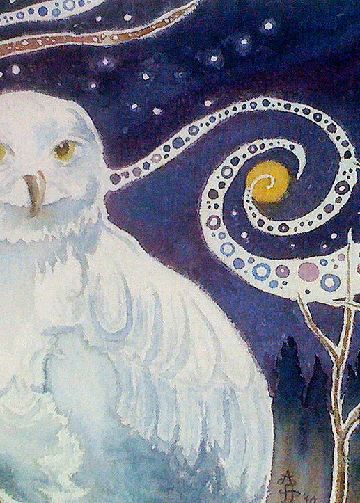 Snowy Owl in Whimsical Night Sky - Alaska Art Print by Amanda Faith Thompson