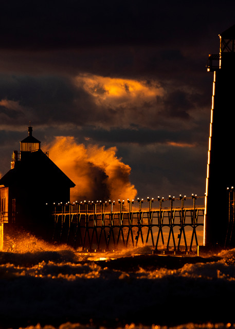michigan storm waves lighthouse sunset