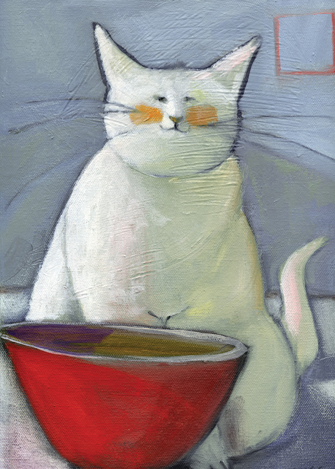 White Cat Red Bowl-greeting card