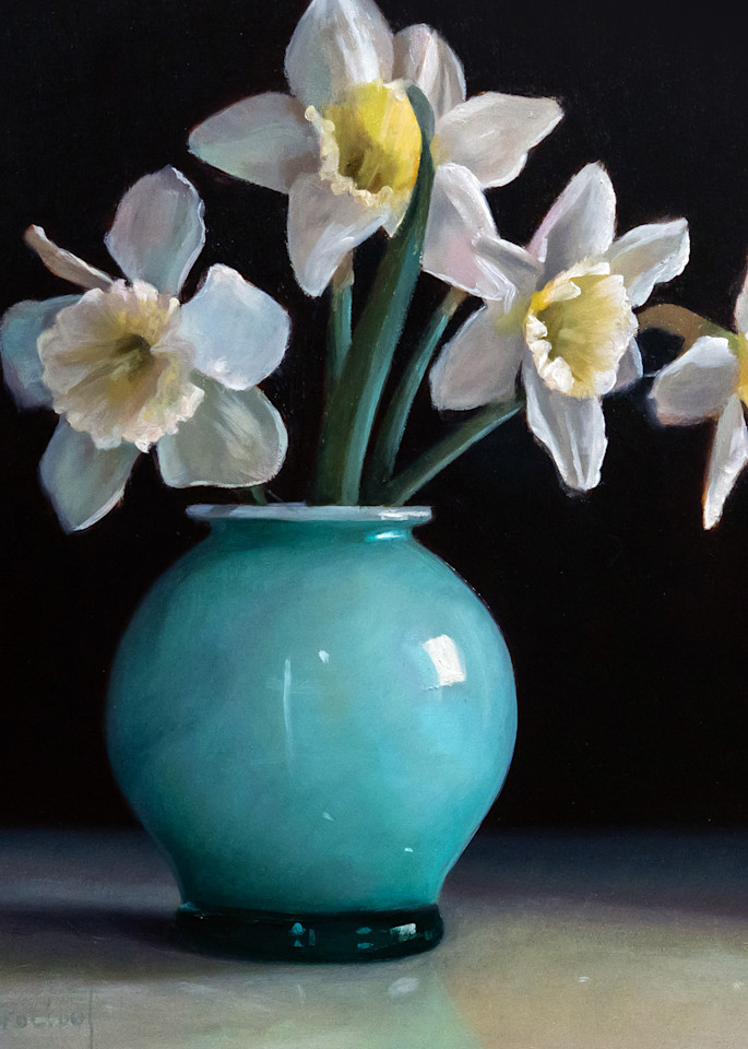 Daffodils In Turquoise Vase Art | Romanova Art