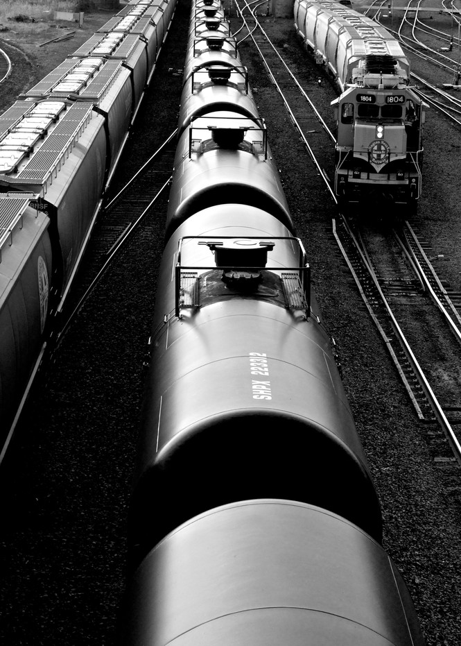 Black and white photo prints: Train Cars in Rail Yard/Jim Grossman Photos