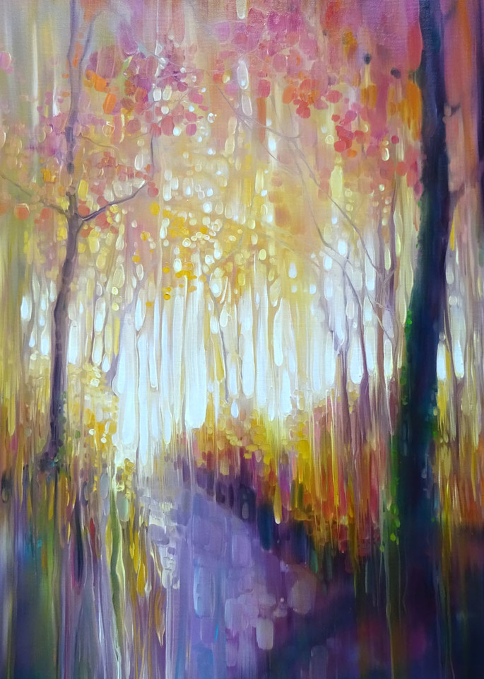 print of an autumn path with autumn colours in semi-abstract style.
