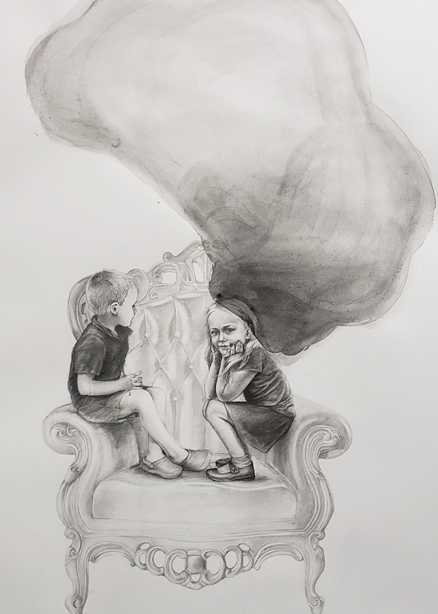 graphite drawing of kids on chair Mays Mayhew together