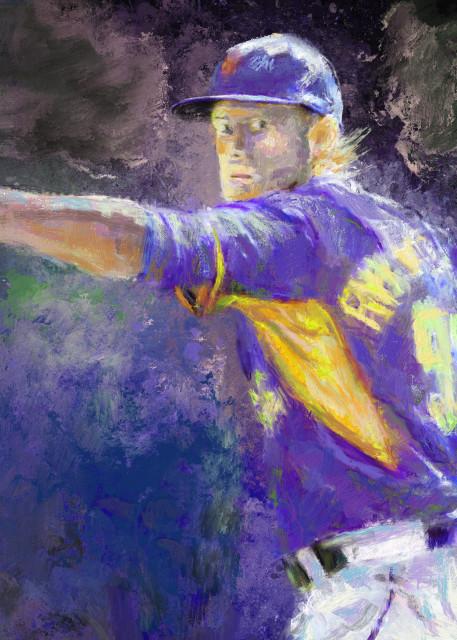 Baseball paintings and art prints of a pitcher with a face of determination in delivering a strike-out.