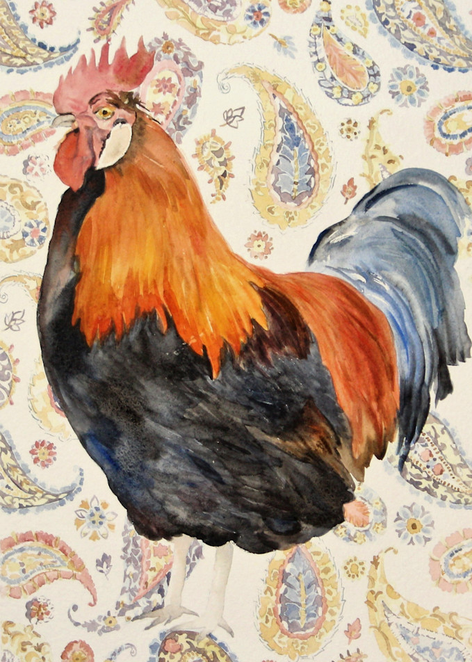 Watercolor of a Rooster on Paisley
