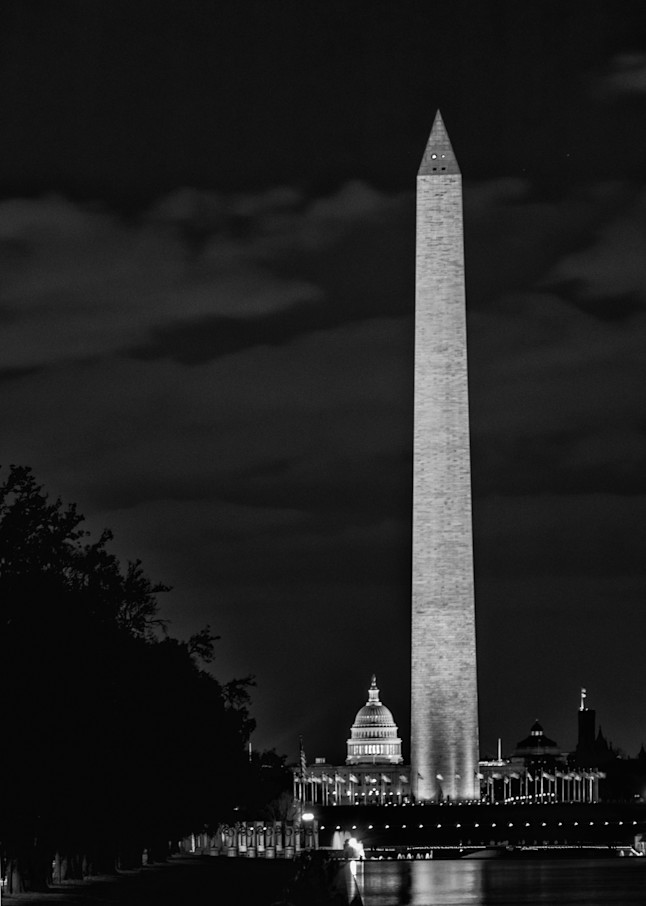 Washington Monument and US Capital Buiding at Night in Black and White