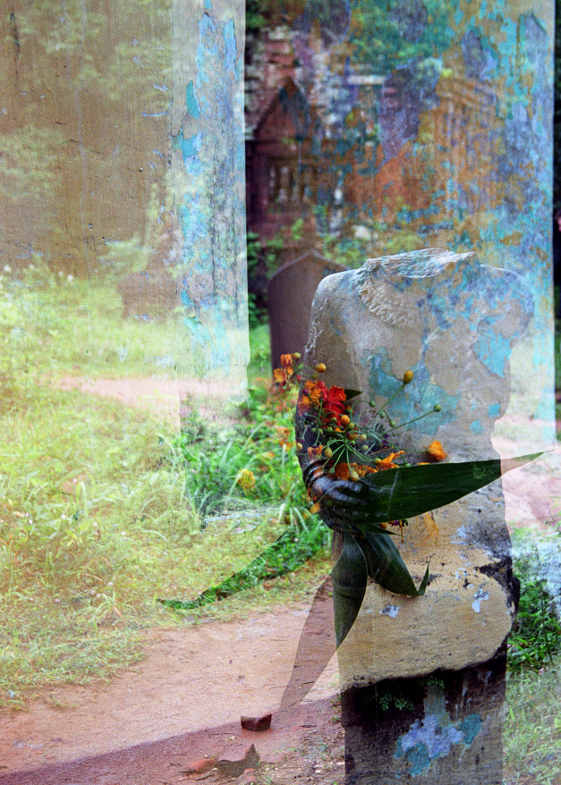 Statue, flowers and double exposure at My Son