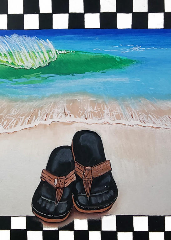 Surf Art Painting Of Flip Flops On The Beach With A Wave Crashing. Done By John Lasonio With Checkerboard Border.