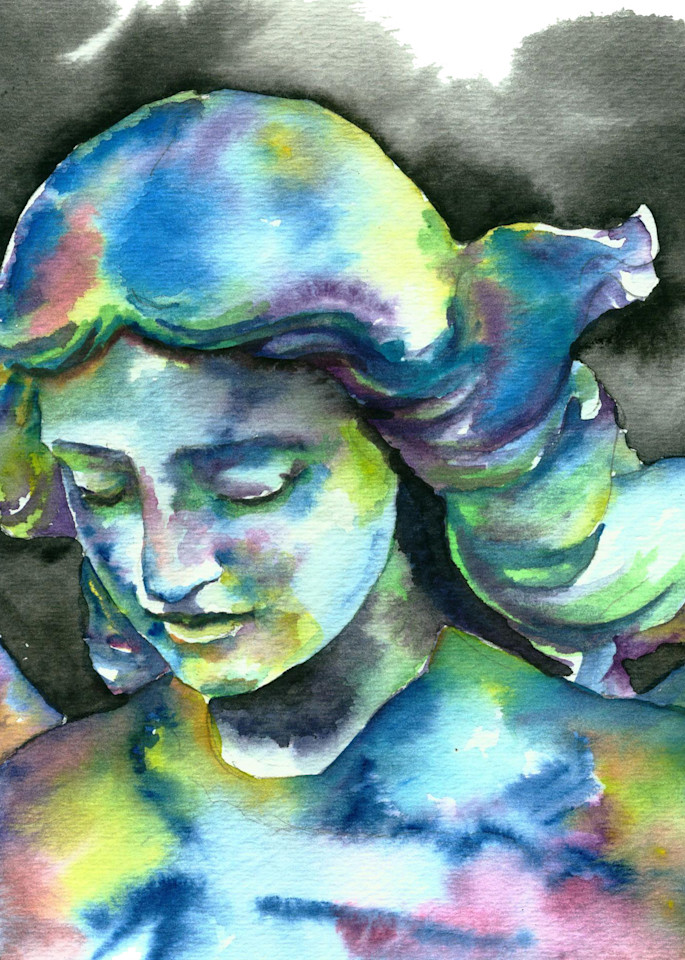 Angel Statue Watercolor Painting in Cool Colors.