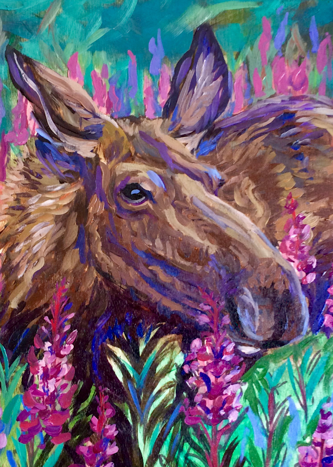 Moose and Fireweed Alaska Wildlife Art Print by Amanda Faith Thompson
